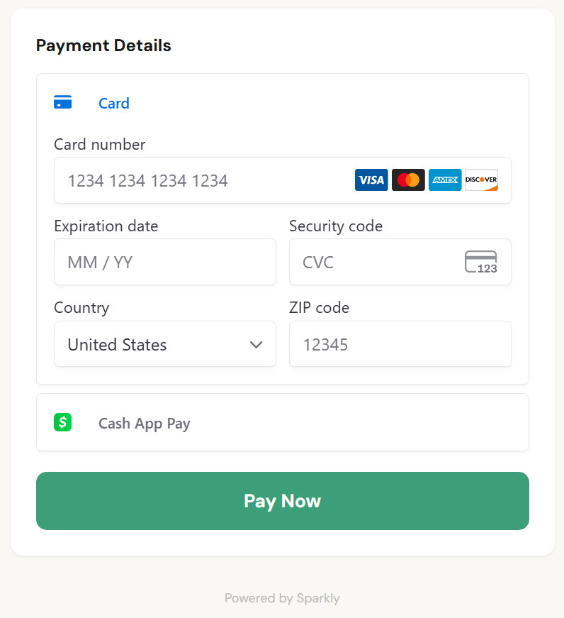 Sparkly payment screen